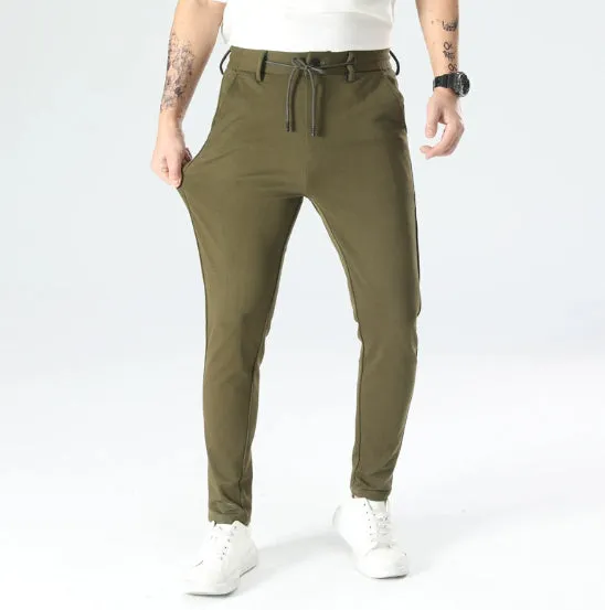 Drawstring waist slim straight stretch dress pants in Army Green, side view, women's casual trousers