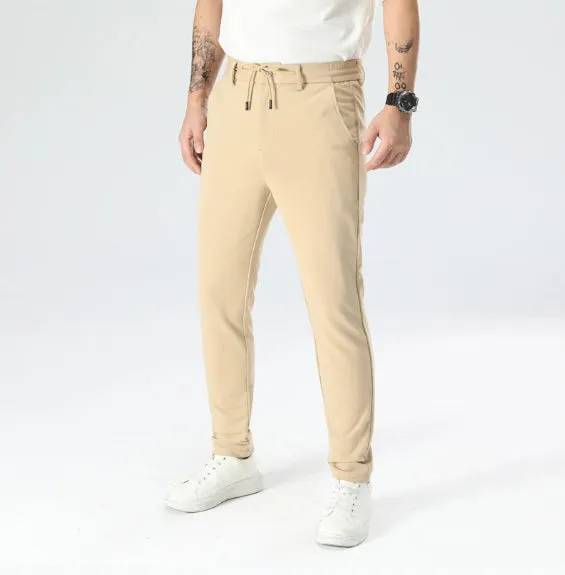 Drawstring waist slim straight stretch dress pants in Army Green, side view, women's casual trousers