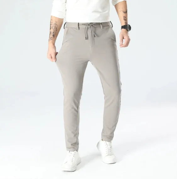 Drawstring waist slim straight stretch dress pants in Army Green, side view, women's casual trousers