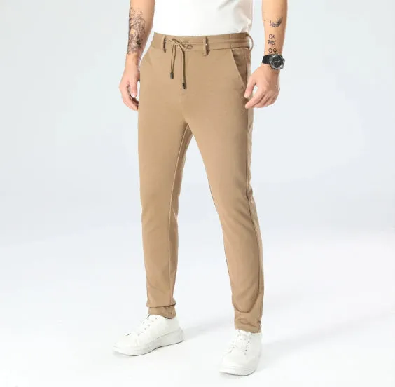 Drawstring waist slim straight stretch dress pants in Army Green, side view, women's casual trousers
