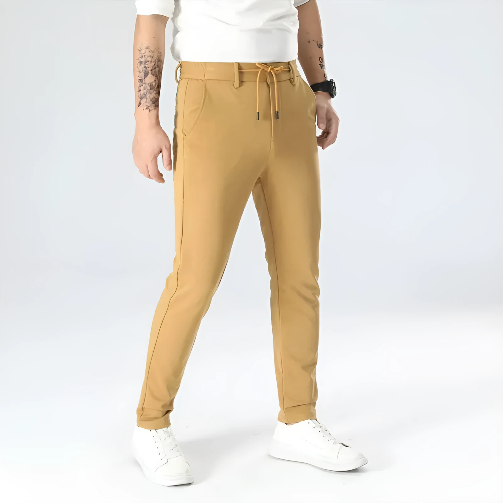 Drawstring waist slim straight stretch dress pants in Army Green, side view, women's casual trousers
