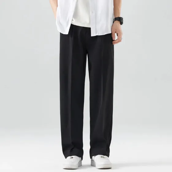 Men's loose straight ice silk casual pants in washed finish, available in apricot and black, with straight leg cut