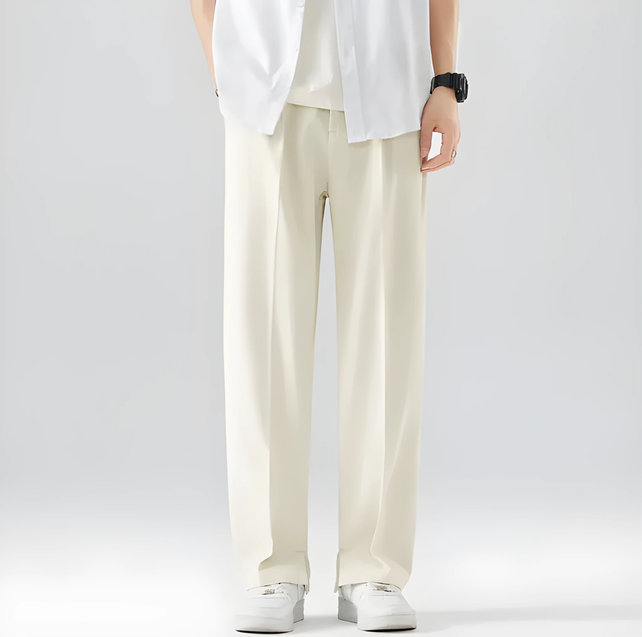 Men's loose straight ice silk casual pants in washed finish, available in apricot and black, with straight leg cut