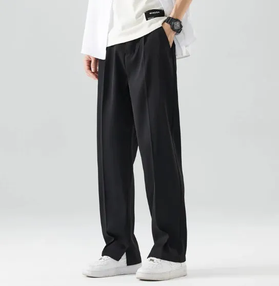 Men's loose straight ice silk casual pants in washed finish, available in apricot and black, with straight leg cut