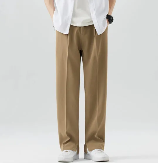 Men's loose straight ice silk casual pants in washed finish, available in apricot and black, with straight leg cut