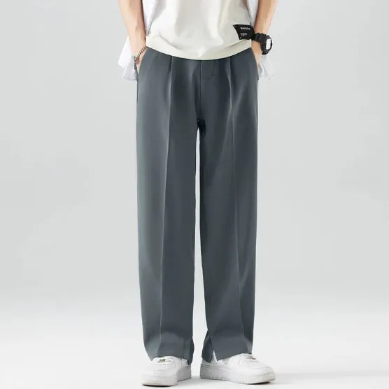 Men's loose straight ice silk casual pants in washed finish, available in apricot and black, with straight leg cut