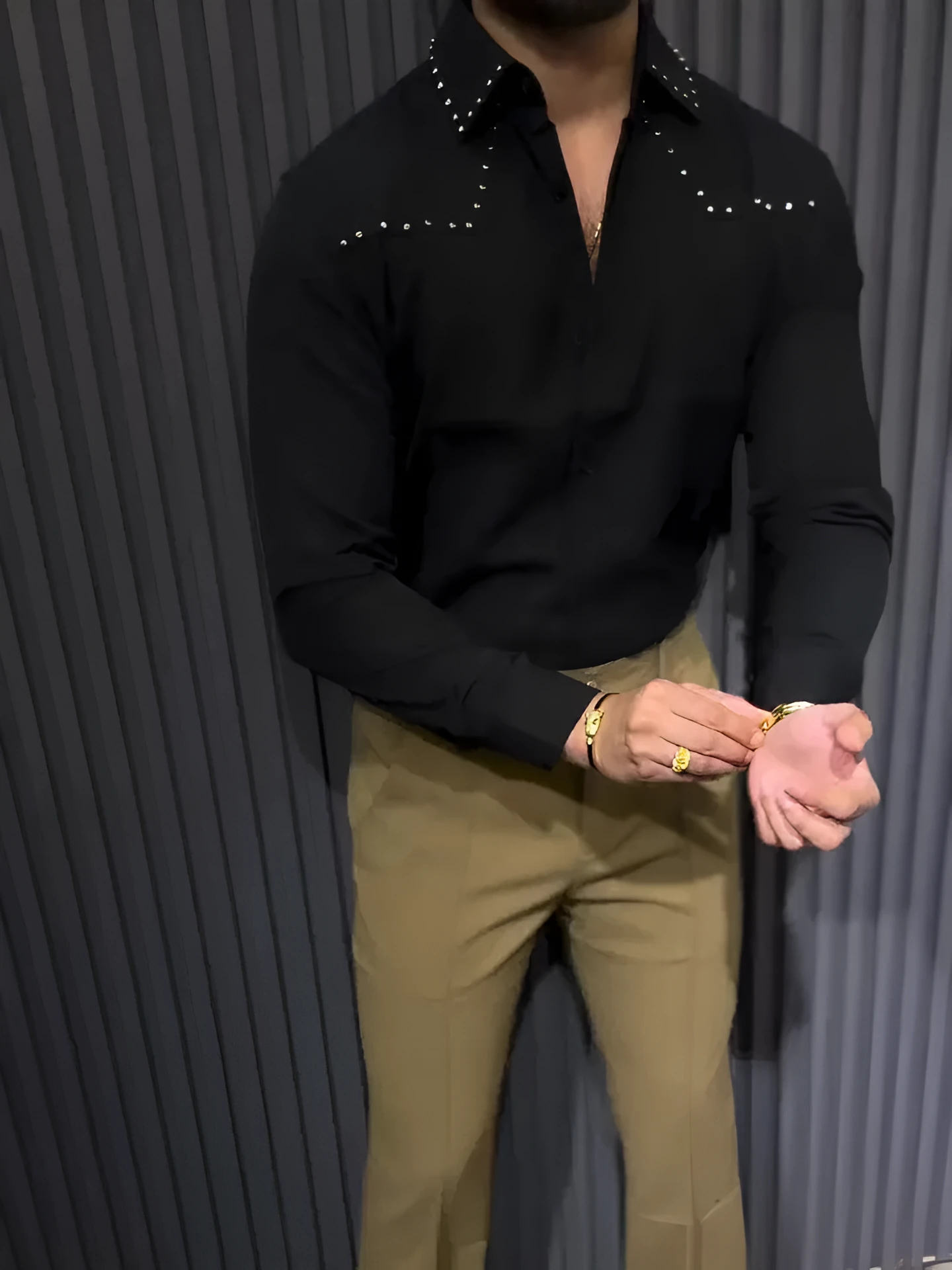 Black button-down collar shirt in regular fit polyester, front view, sized S to 3XL