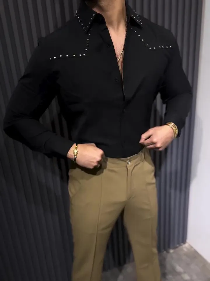 Black button-down collar shirt in regular fit polyester, front view, sized S to 3XL
