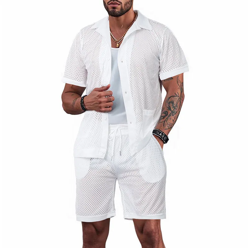 Women's see-through short sleeve cardigan and shorts beach set in polyester, available in multiple colours