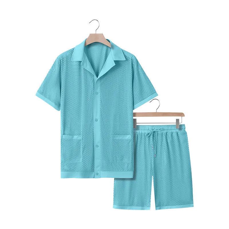 Women's see-through short sleeve cardigan and shorts beach set in polyester, available in multiple colours