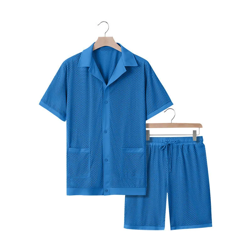 Women's see-through short sleeve cardigan and shorts beach set in polyester, available in multiple colours
