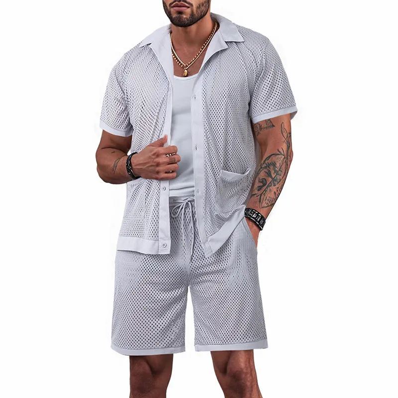 Women's see-through short sleeve cardigan and shorts beach set in polyester, available in multiple colours