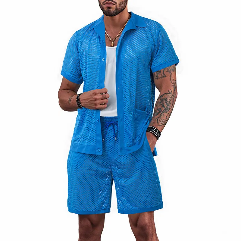 Women's see-through short sleeve cardigan and shorts beach set in polyester, available in multiple colours