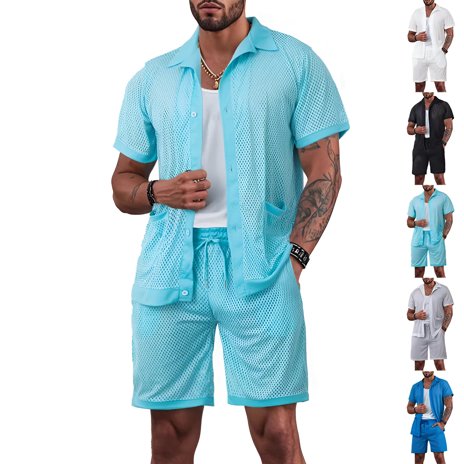 Women's see-through short sleeve cardigan and shorts beach set in polyester, available in multiple colours