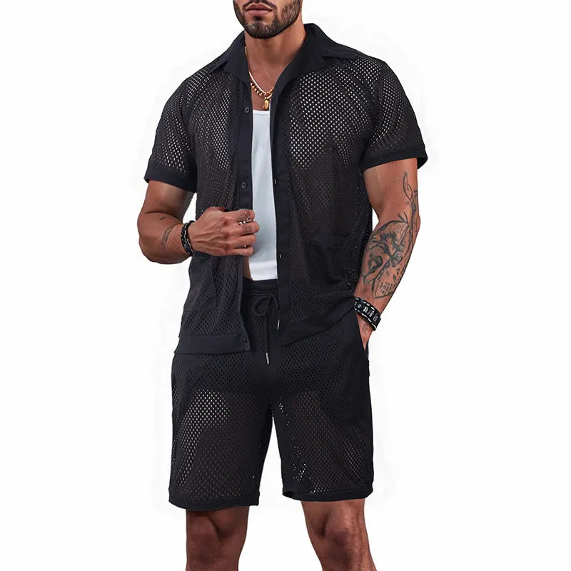 Women's see-through short sleeve cardigan and shorts beach set in polyester, available in multiple colours