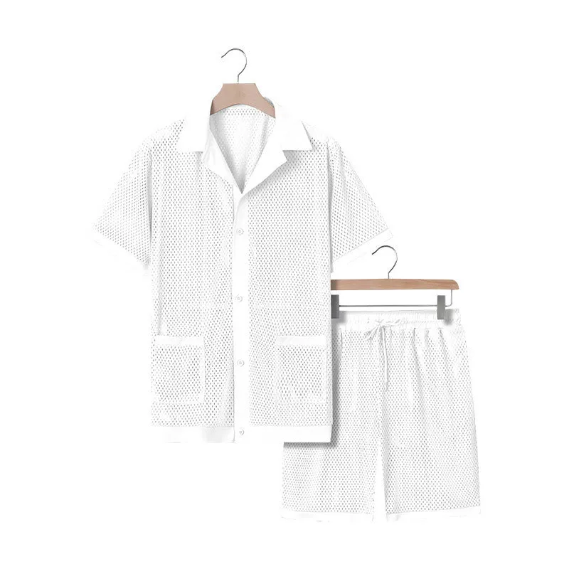 Women's see-through short sleeve cardigan and shorts beach set in polyester, available in multiple colours