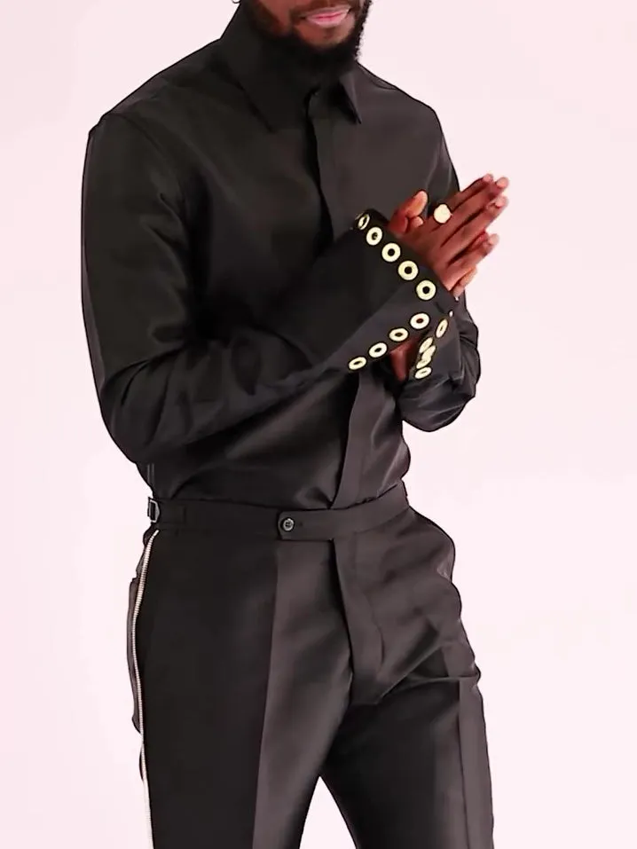Black formal ensemble with decorative buckle top and matching trousers, regular fit polyester set for daily wear
