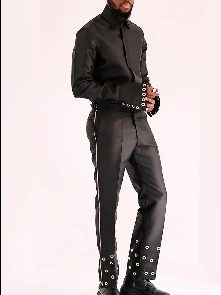 Black formal ensemble with decorative buckle top and matching trousers, regular fit polyester set for daily wear