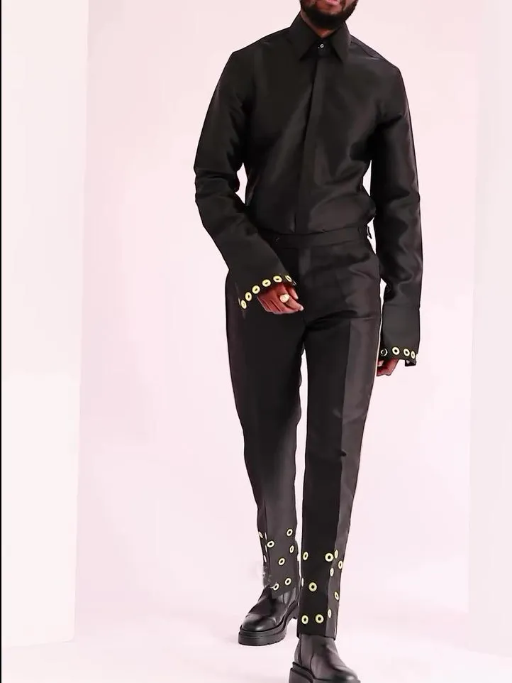 Black formal ensemble with decorative buckle top and matching trousers, regular fit polyester set for daily wear