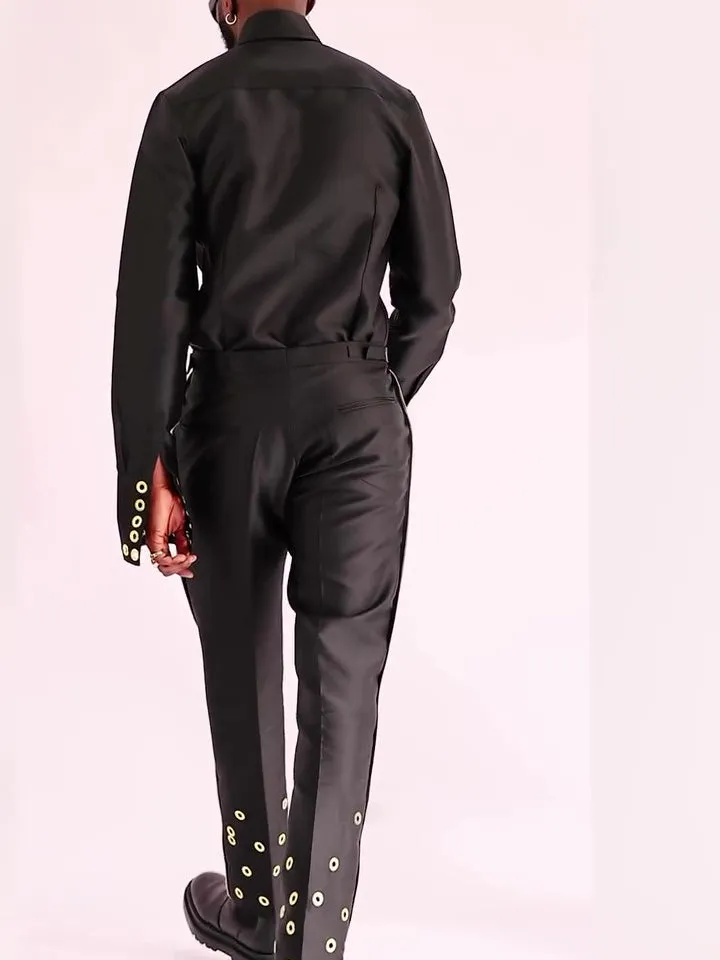 Black formal ensemble with decorative buckle top and matching trousers, regular fit polyester set for daily wear