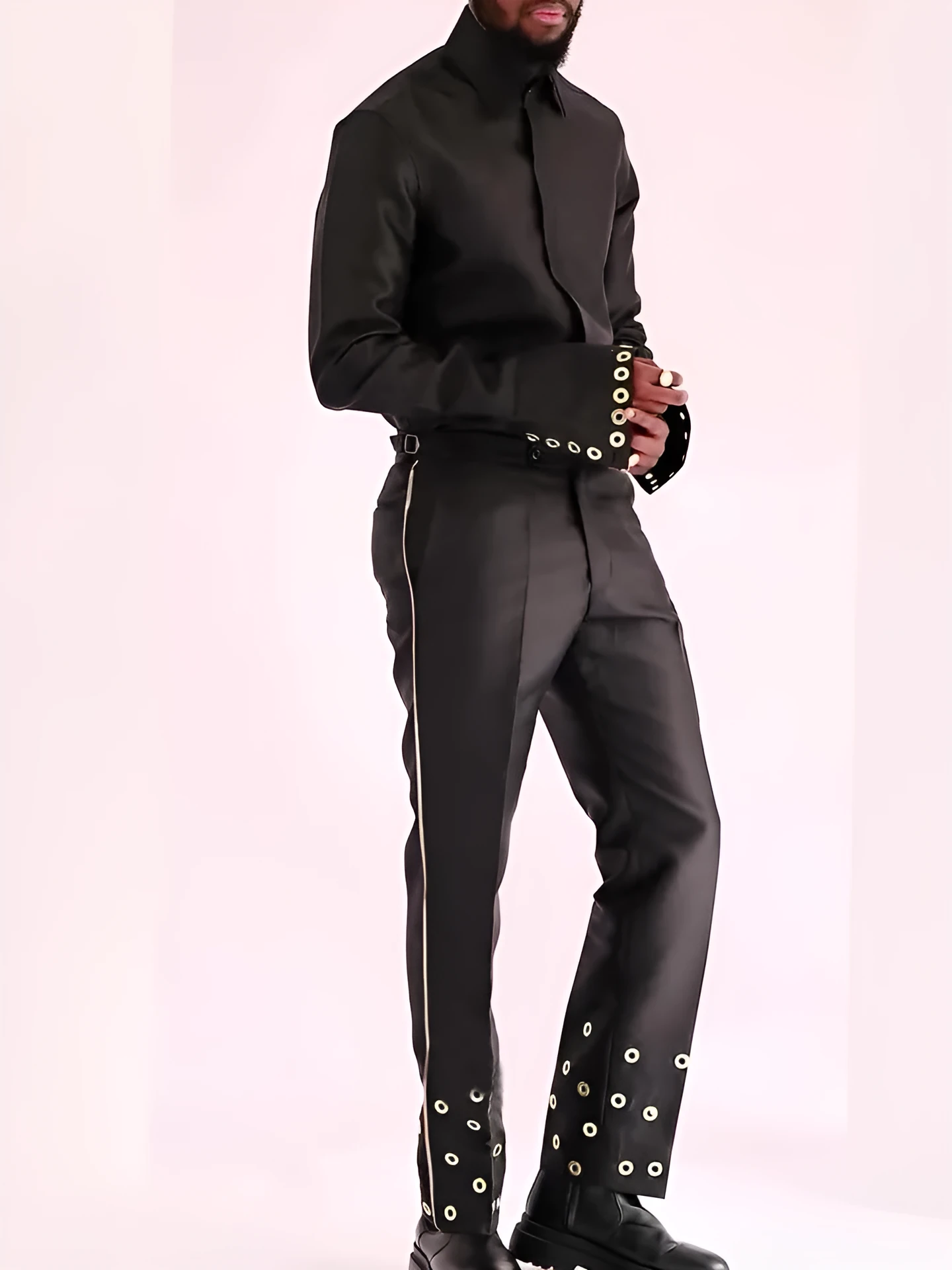 Black formal ensemble with decorative buckle top and matching trousers, regular fit polyester set for daily wear