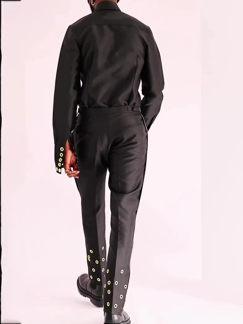 Black formal ensemble with decorative buckle top and matching trousers, regular fit polyester set for daily wear