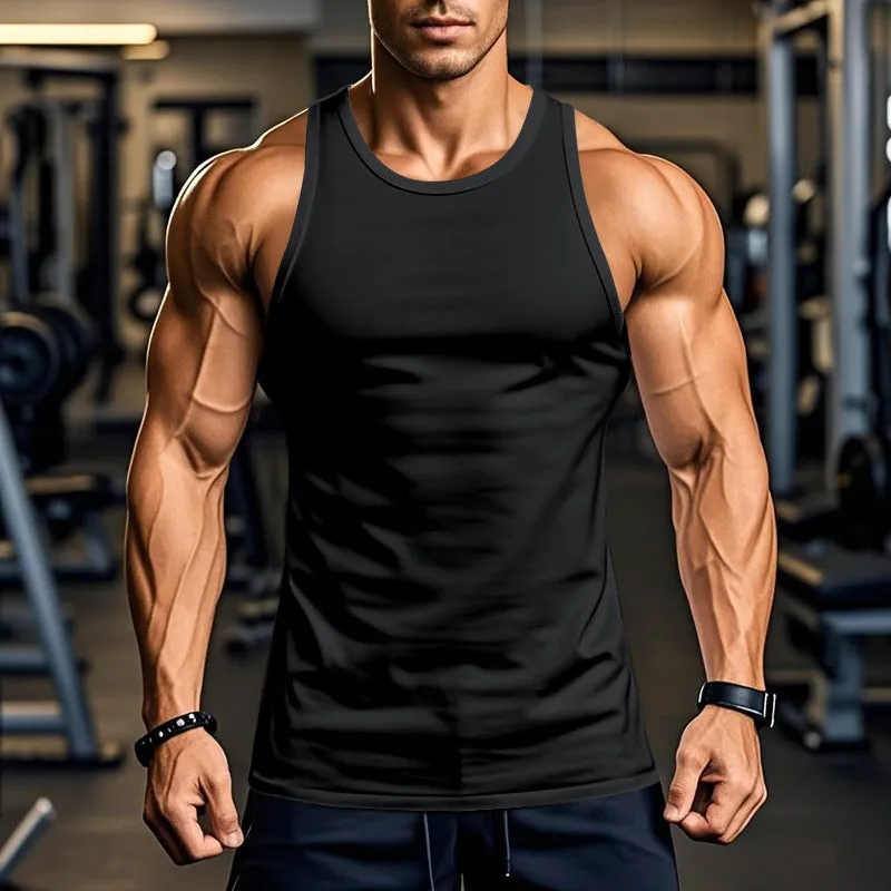 Men's black quick-dry polyester sports fitness vest with slim fit and straight hem on a model