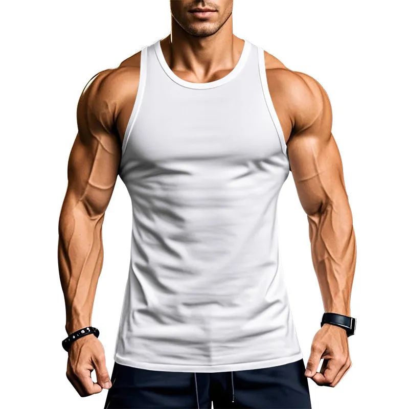 Men's black quick-dry polyester sports fitness vest with slim fit and straight hem on a model