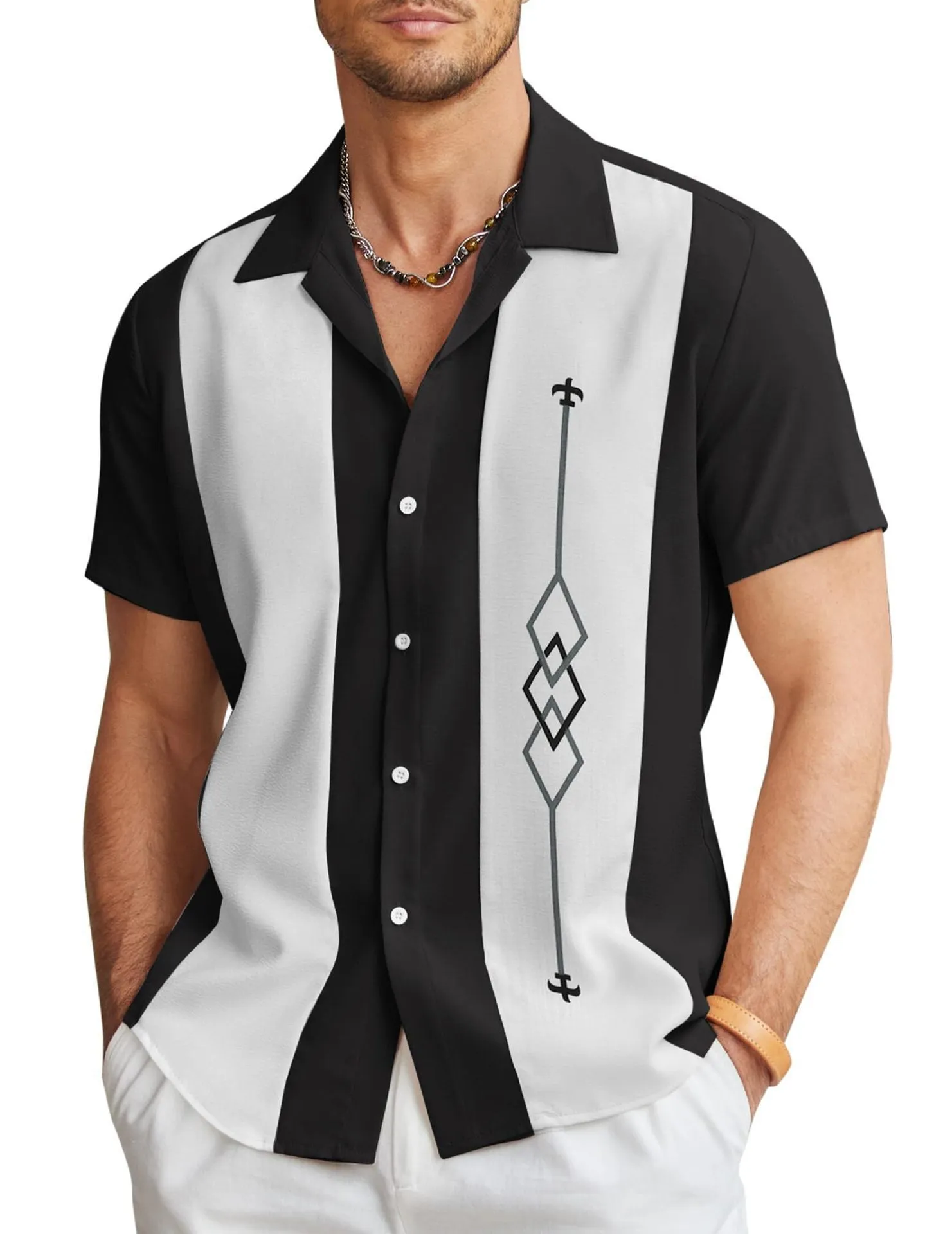 Men's slim fit short sleeve Hawaiian shirt with a digital print pattern on polyester fabric.