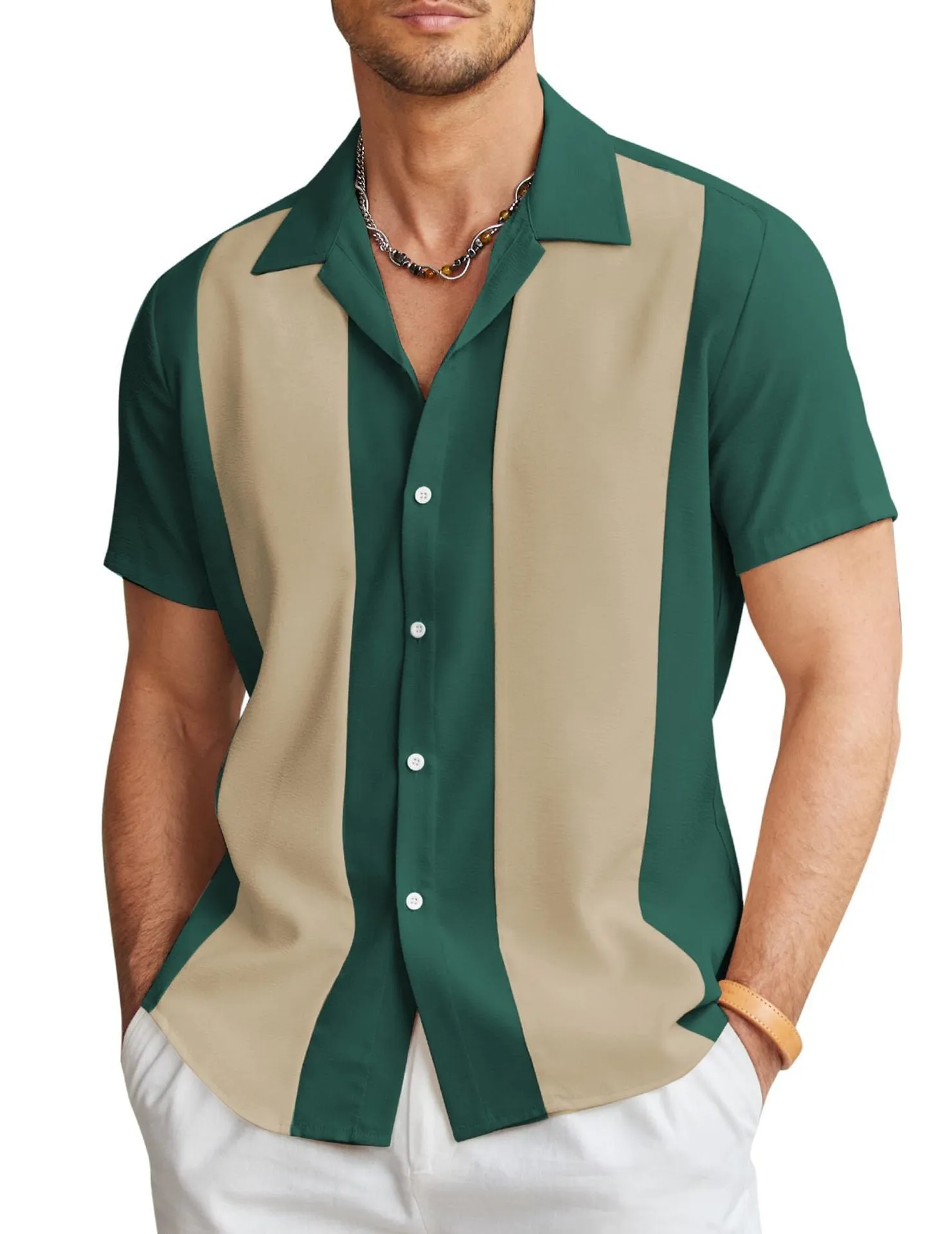 Men's slim fit short sleeve Hawaiian shirt with a digital print pattern on polyester fabric.