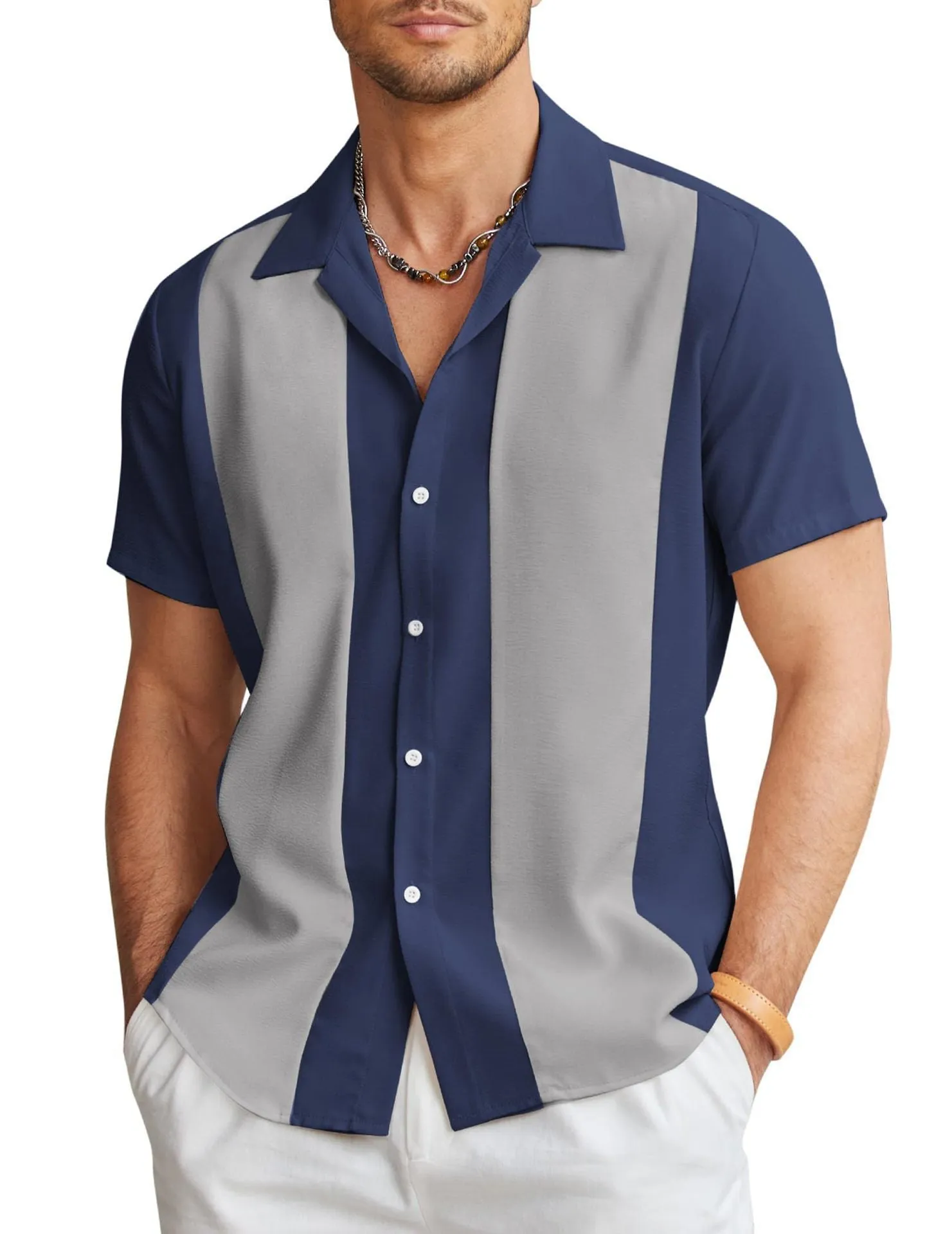 Men's slim fit short sleeve Hawaiian shirt with a digital print pattern on polyester fabric.