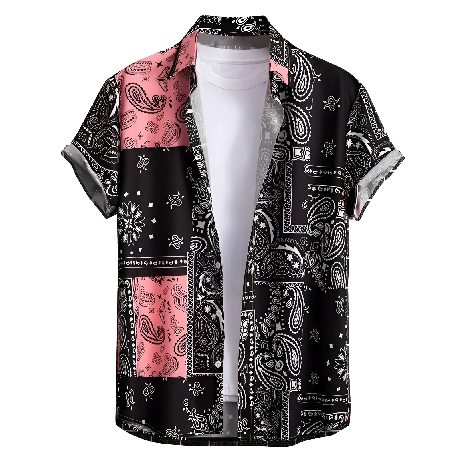 Men's slim fit short sleeve Hawaiian shirt with a digital print pattern on polyester fabric.