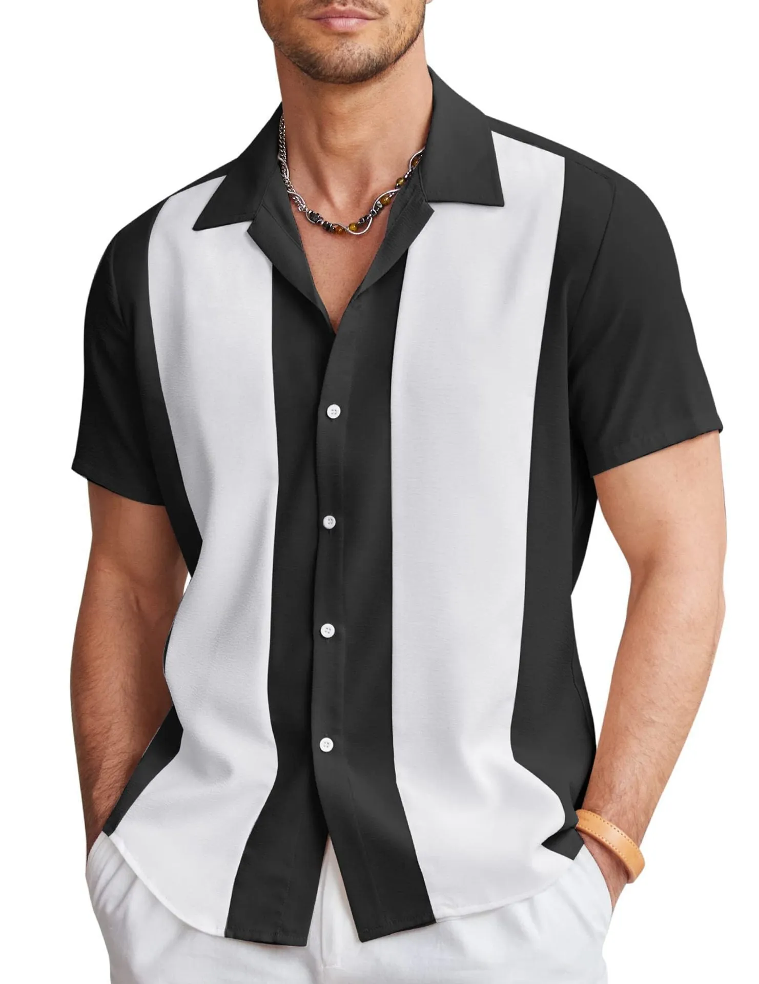 Men's slim fit short sleeve Hawaiian shirt with a digital print pattern on polyester fabric.