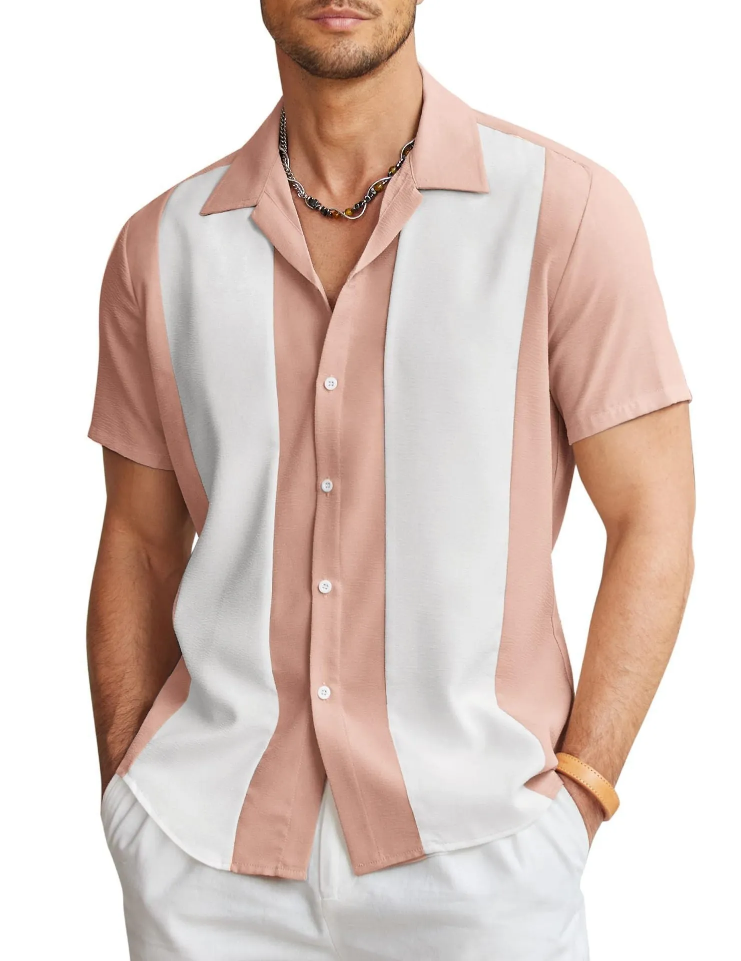 Men's slim fit short sleeve Hawaiian shirt with a digital print pattern on polyester fabric.