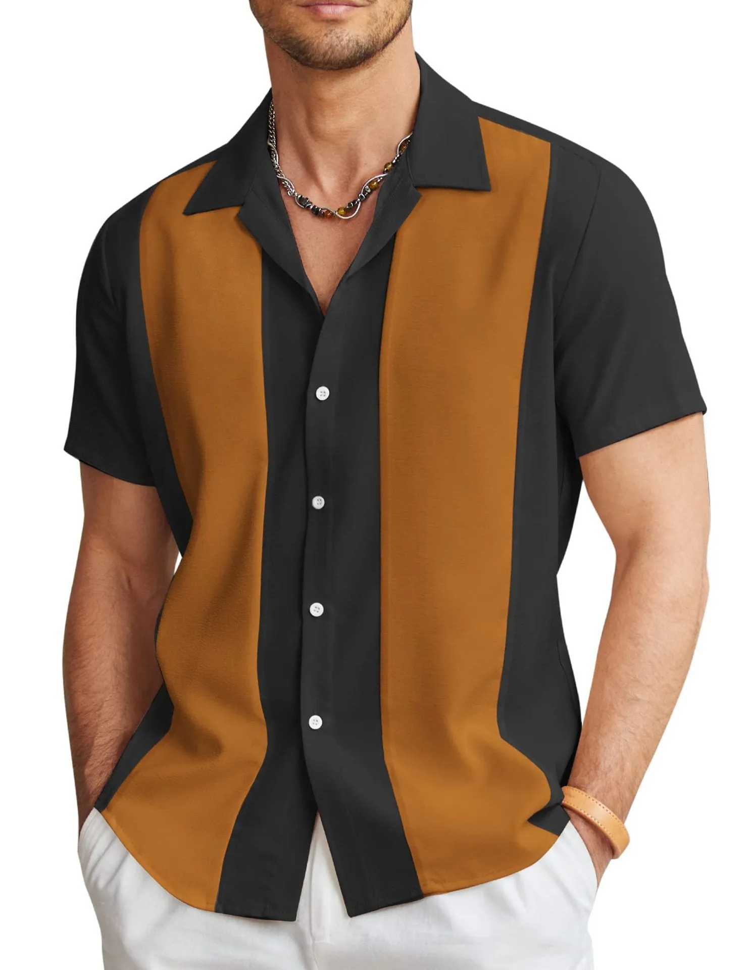 Men's slim fit short sleeve Hawaiian shirt with a digital print pattern on polyester fabric.