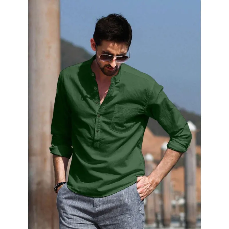 Men's slim fit fleece lined long sleeve top in Army Green, made from hemp blend with four-way stretch