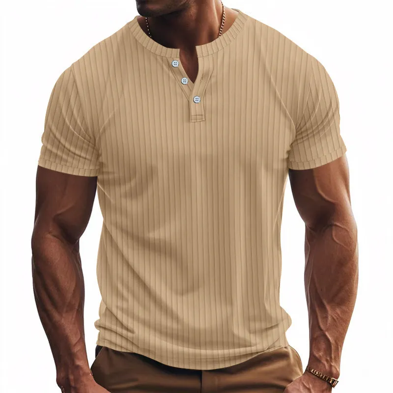Men's casual sports jacquard ribbed quick-dry breathable Henley short sleeve t-shirt in solid colour polyester