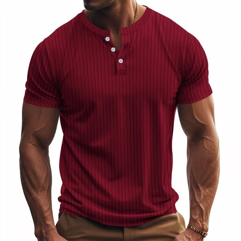 Men's casual sports jacquard ribbed quick-dry breathable Henley short sleeve t-shirt in solid colour polyester