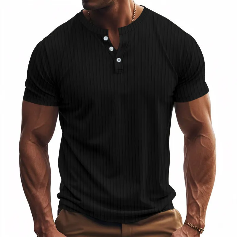 Men's casual sports jacquard ribbed quick-dry breathable Henley short sleeve t-shirt in solid colour polyester