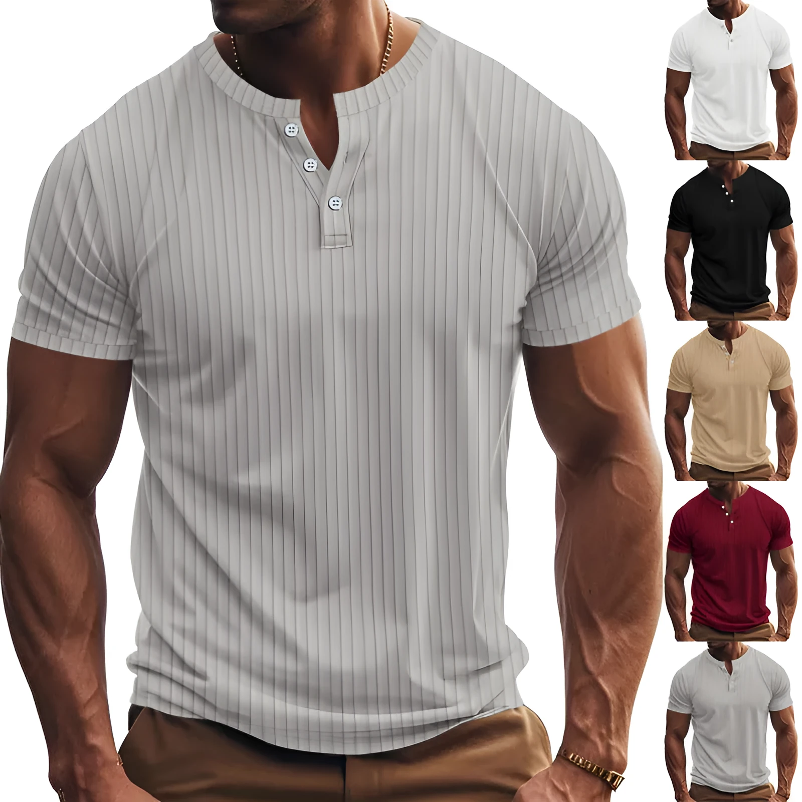 Men's casual sports jacquard ribbed quick-dry breathable Henley short sleeve t-shirt in solid colour polyester