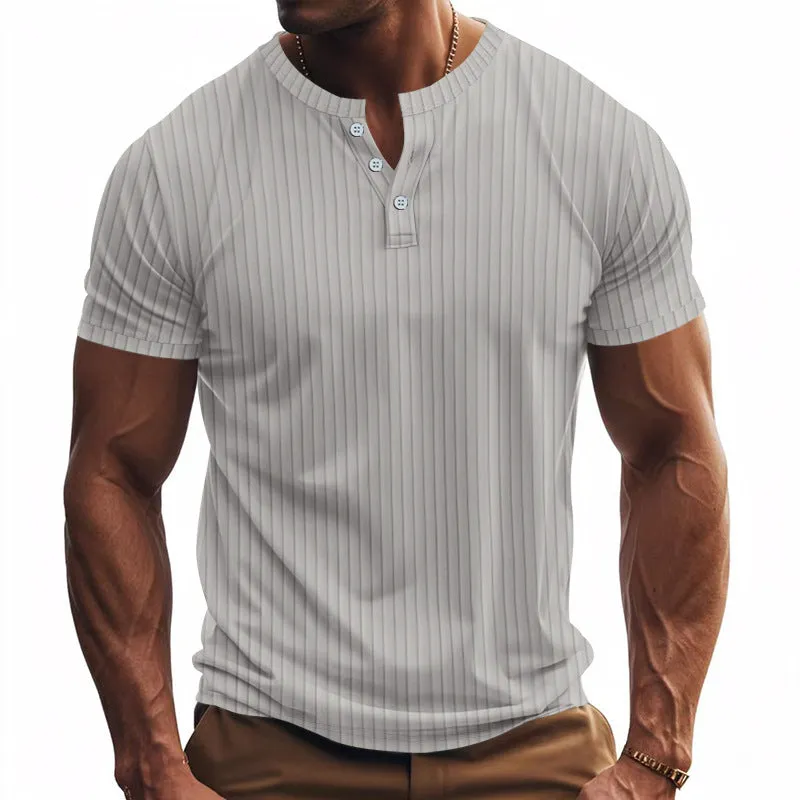 Men's casual sports jacquard ribbed quick-dry breathable Henley short sleeve t-shirt in solid colour polyester