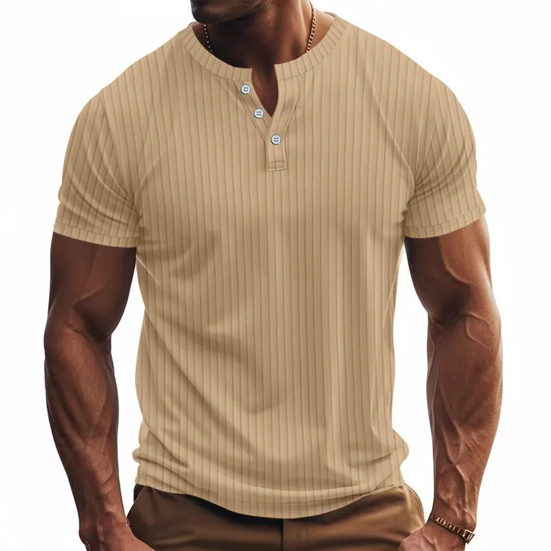 Men's casual sports jacquard ribbed quick-dry breathable Henley short sleeve t-shirt in solid colour polyester