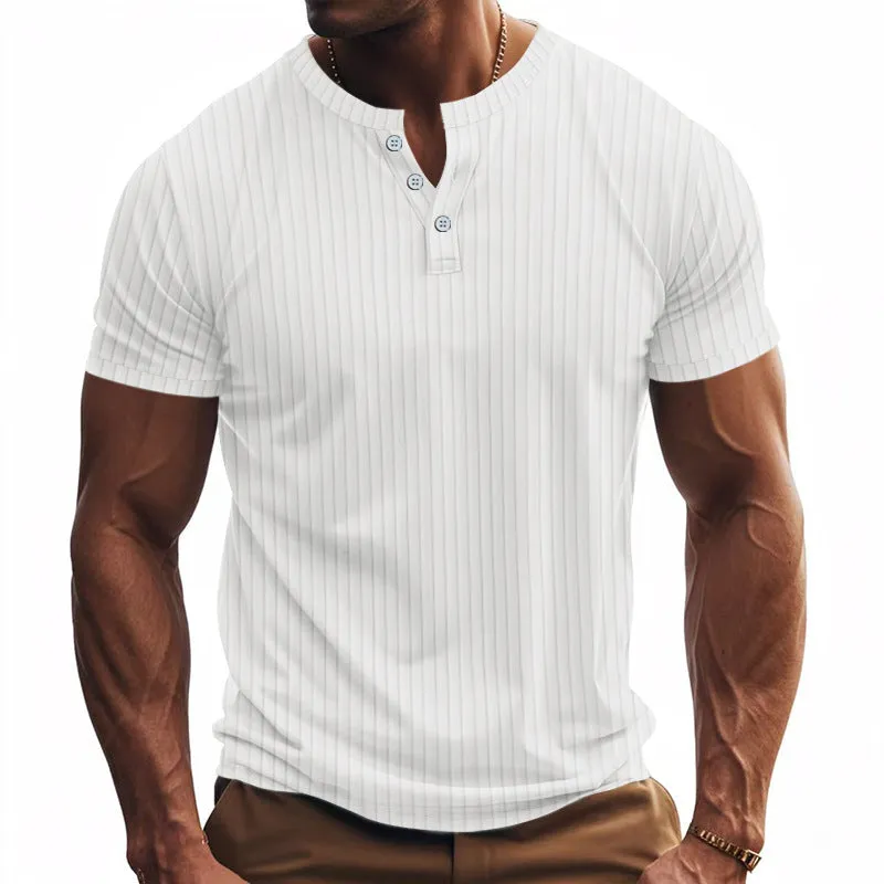 Men's casual sports jacquard ribbed quick-dry breathable Henley short sleeve t-shirt in solid colour polyester