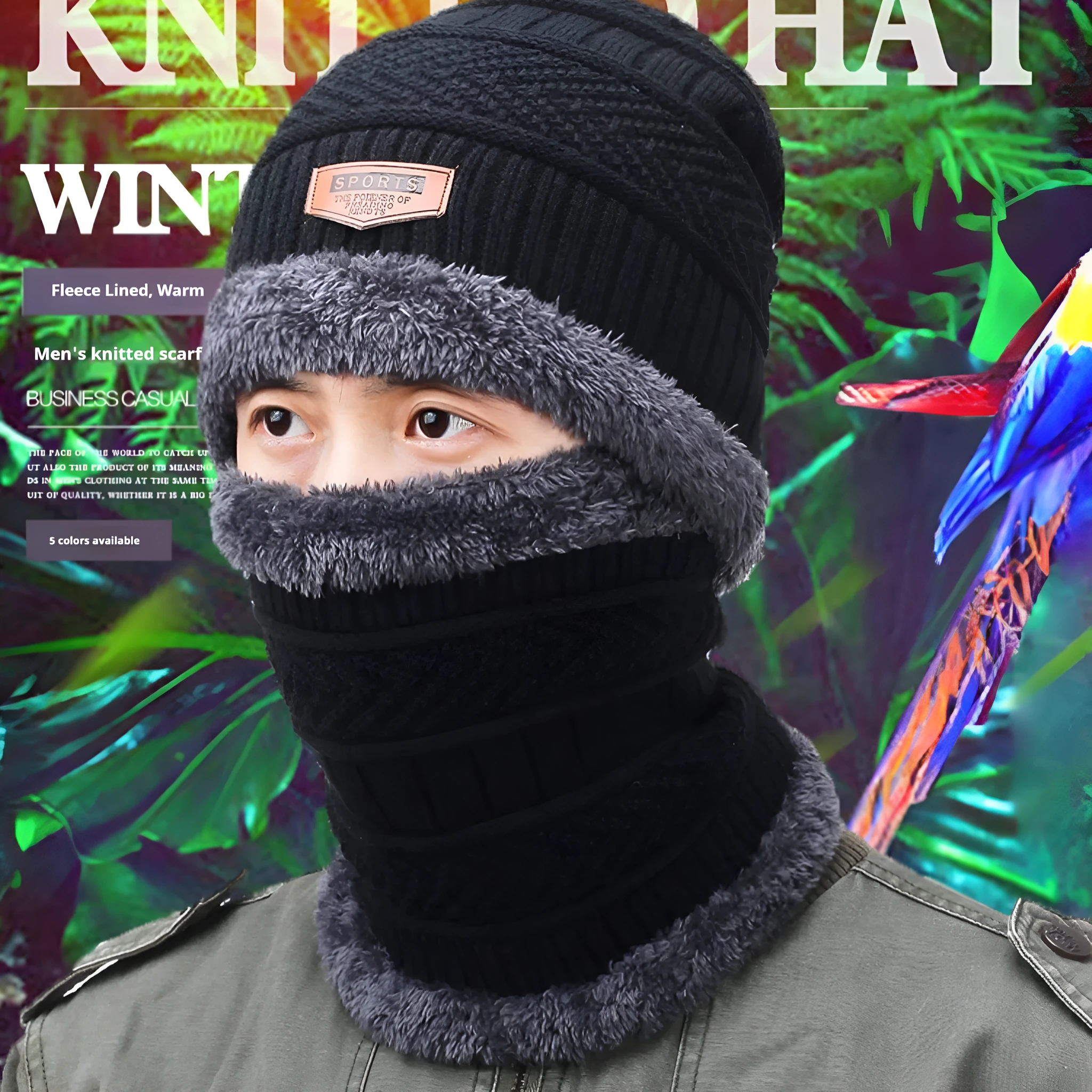 Men's black acrylic knitted hat and scarf set on a neutral background, showing plain knit texture
