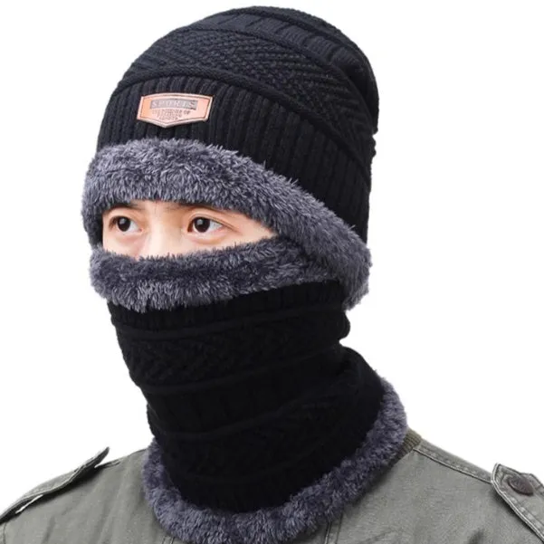 Men's black acrylic knitted hat and scarf set on a neutral background, showing plain knit texture