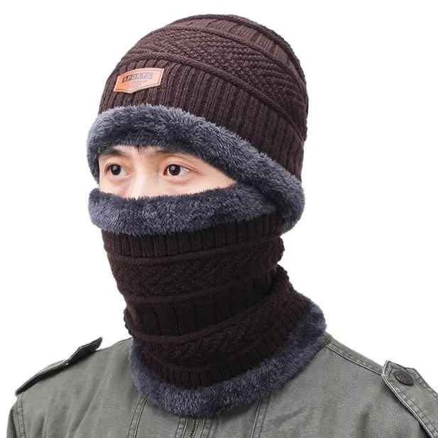 Men's black acrylic knitted hat and scarf set on a neutral background, showing plain knit texture