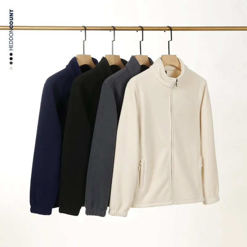 Men's double-sided polar fleece stand-up collar zipper sweatshirt in beige, loose cardigan style with patch pocket