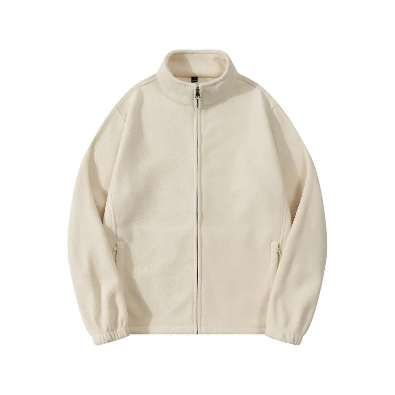 Men's double-sided polar fleece stand-up collar zipper sweatshirt in beige, loose cardigan style with patch pocket