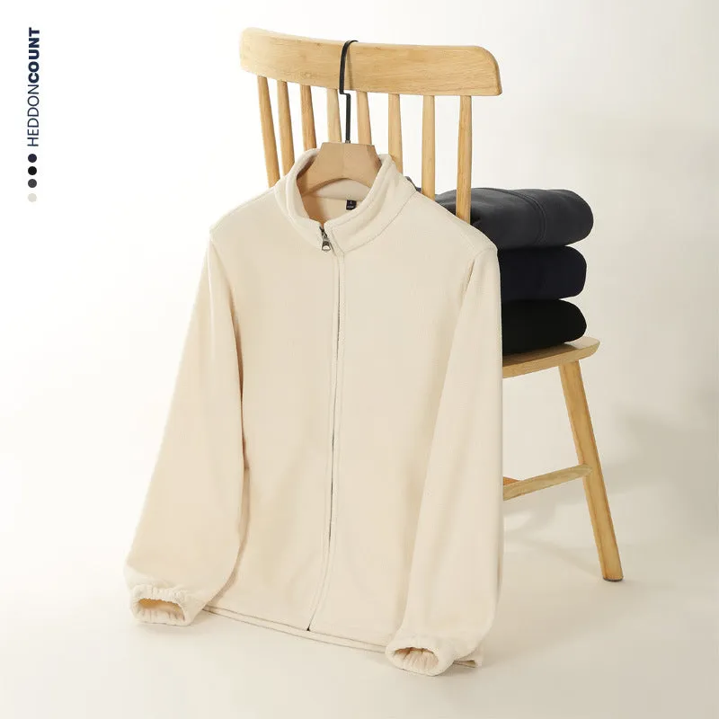 Men's double-sided polar fleece stand-up collar zipper sweatshirt in beige, loose cardigan style with patch pocket