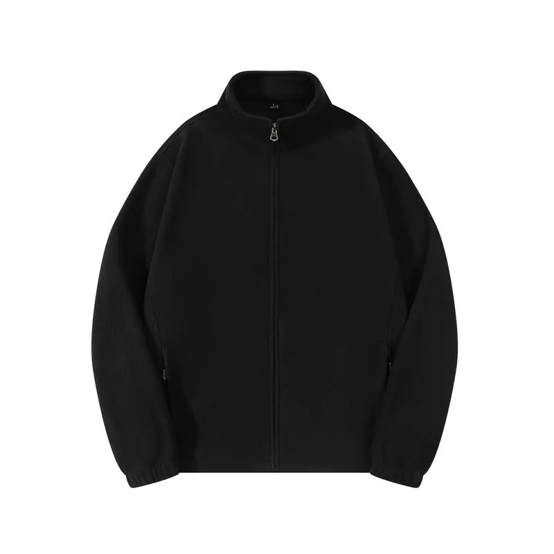 Men's double-sided polar fleece stand-up collar zipper sweatshirt in beige, loose cardigan style with patch pocket